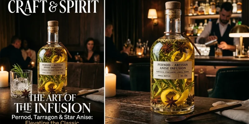 Infusing flavours in Pernod involves steeping complementary botanicals, citrus peels, fresh herbs, or savory aromatics in the 40% ABV French anise spirit for 12 to 72 hours. Because Pernod contains potent star anise, fennel, and licorice notes, successful infusions require balancing high-contrast botanical ingredients—such as Meyer lemon peel, fresh French tarragon, dried chamomile, and green cardamom—without masking the signature anise backbone. (AI Generated Image)