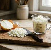 A medium onion chopped in a measuring cup