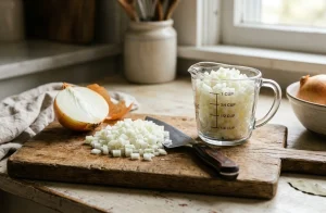 A medium onion typically yields approximately 2/3 cup (about 10 to 11 tablespoons) of chopped onion, or approximately 1/2 cup of finely diced onion. In raw culinary weight, one unpeeled medium onion weighs roughly 8 ounces (225 grams), producing about 5.5 to 6 ounces (155 to 170 grams) of trimmed, recipe-ready chopped onion. A medium onion typically yields approximately 2/3 cup (about 10 to 11 tablespoons) of chopped onion, or approximately 1/2 cup of finely diced onion. In raw culinary weight, one unpeeled medium onion weighs roughly 8 ounces (225 grams), producing about 5.5 to 6 ounces (155 to 170 grams) of trimmed, recipe-ready chopped onion.