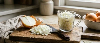 A medium onion typically yields approximately 2/3 cup (about 10 to 11 tablespoons) of chopped onion, or approximately 1/2 cup of finely diced onion. In raw culinary weight, one unpeeled medium onion weighs roughly 8 ounces (225 grams), producing about 5.5 to 6 ounces (155 to 170 grams) of trimmed, recipe-ready chopped onion. A medium onion typically yields approximately 2/3 cup (about 10 to 11 tablespoons) of chopped onion, or approximately 1/2 cup of finely diced onion. In raw culinary weight, one unpeeled medium onion weighs roughly 8 ounces (225 grams), producing about 5.5 to 6 ounces (155 to 170 grams) of trimmed, recipe-ready chopped onion.