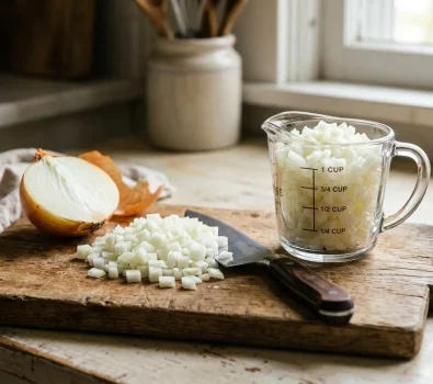 A medium onion typically yields approximately 2/3 cup (about 10 to 11 tablespoons) of chopped onion, or approximately 1/2 cup of finely diced onion. In raw culinary weight, one unpeeled medium onion weighs roughly 8 ounces (225 grams), producing about 5.5 to 6 ounces (155 to 170 grams) of trimmed, recipe-ready chopped onion. A medium onion typically yields approximately 2/3 cup (about 10 to 11 tablespoons) of chopped onion, or approximately 1/2 cup of finely diced onion. In raw culinary weight, one unpeeled medium onion weighs roughly 8 ounces (225 grams), producing about 5.5 to 6 ounces (155 to 170 grams) of trimmed, recipe-ready chopped onion.