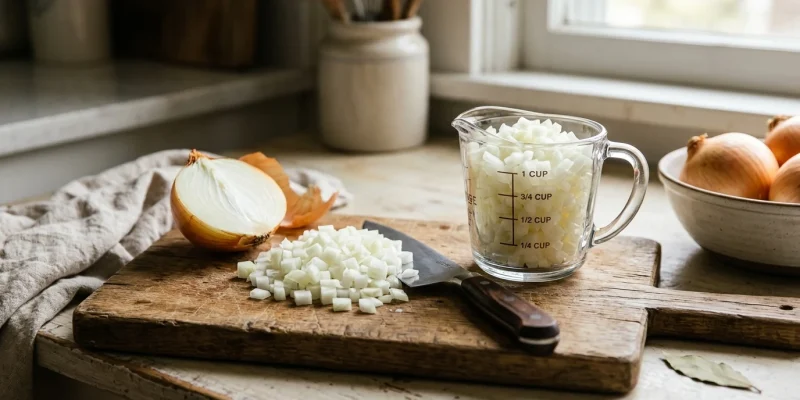 A medium onion typically yields approximately 2/3 cup (about 10 to 11 tablespoons) of chopped onion, or approximately 1/2 cup of finely diced onion. In raw culinary weight, one unpeeled medium onion weighs roughly 8 ounces (225 grams), producing about 5.5 to 6 ounces (155 to 170 grams) of trimmed, recipe-ready chopped onion. (AI Generated Image)
